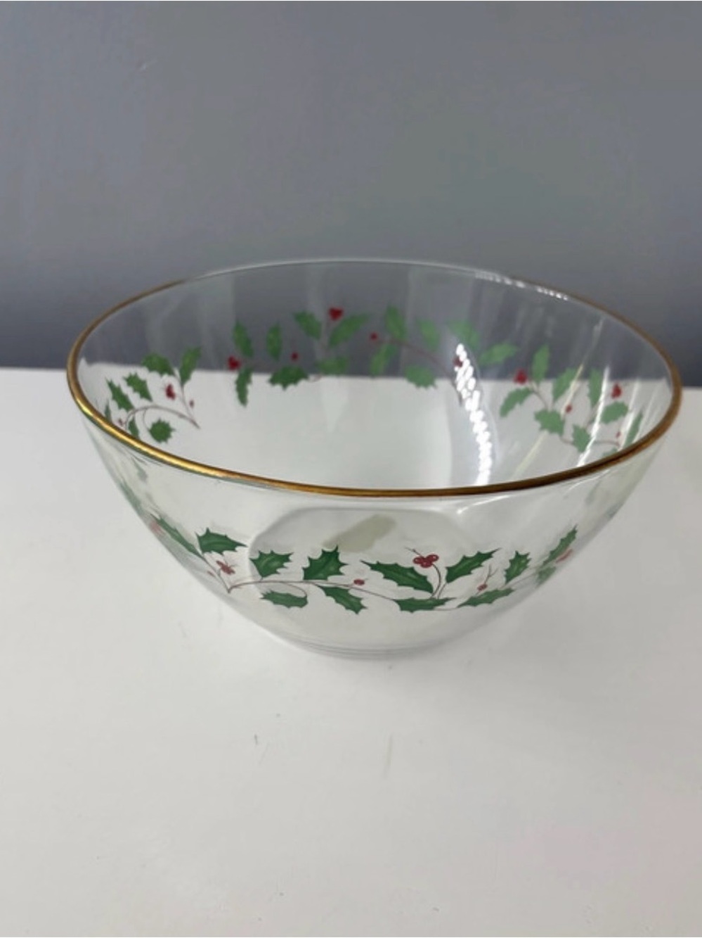 Lenox Clear Glass Holiday Bowl with Green Holly and Gold Rim